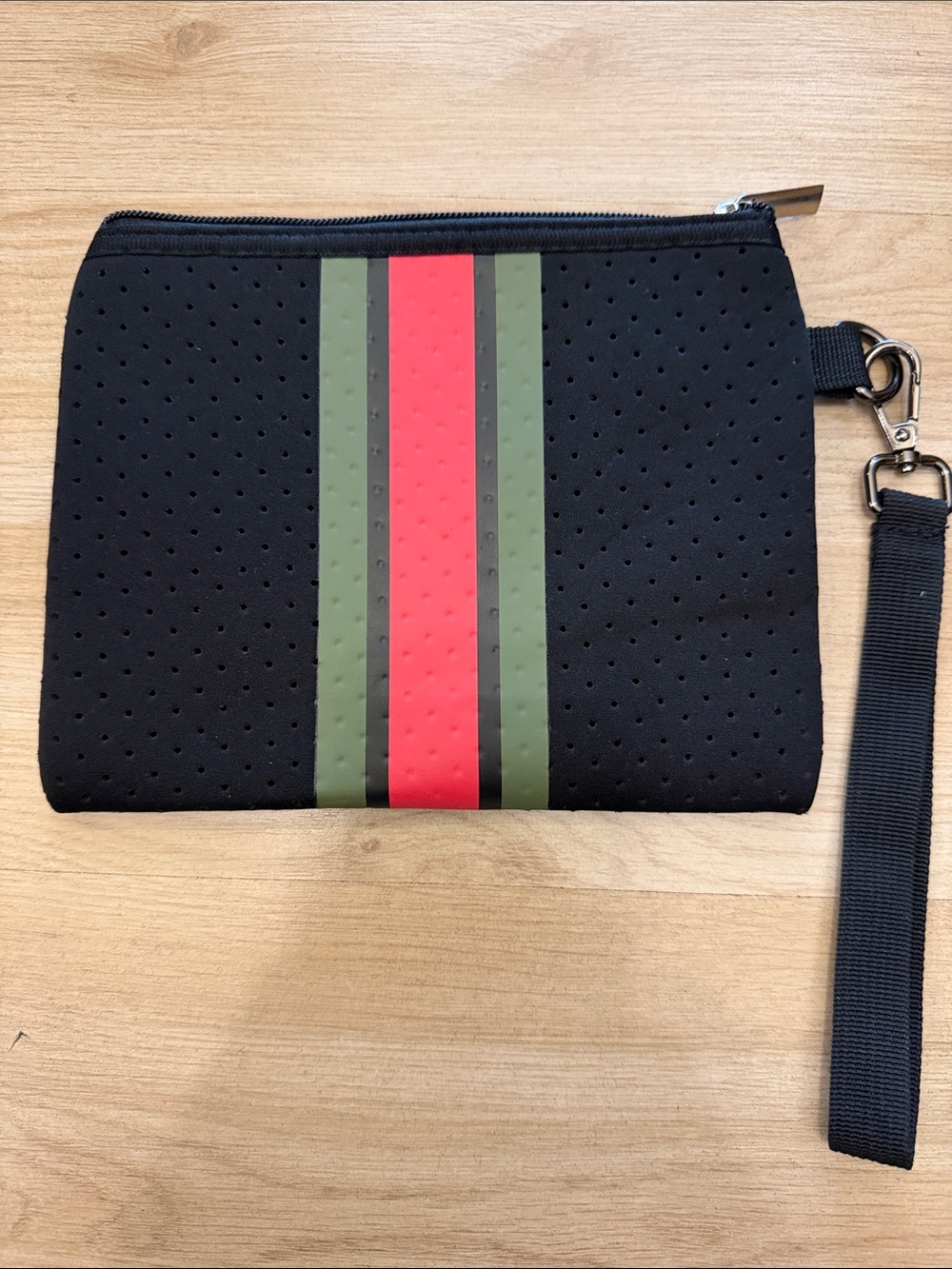 Black Neoprene Wristlet Pouch with Red and Green Stripes